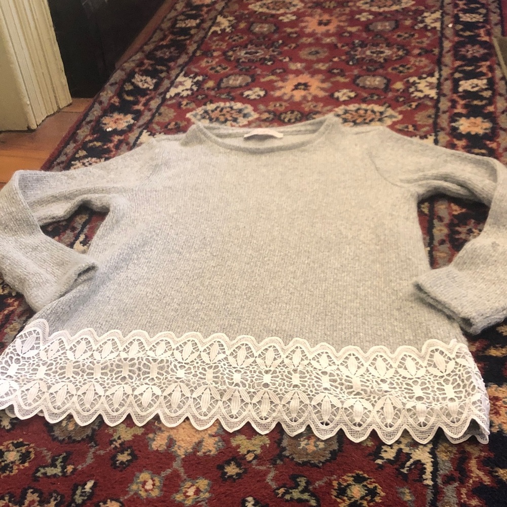 LOFT Light Gray Crewneck Sweater with White Lace Trim